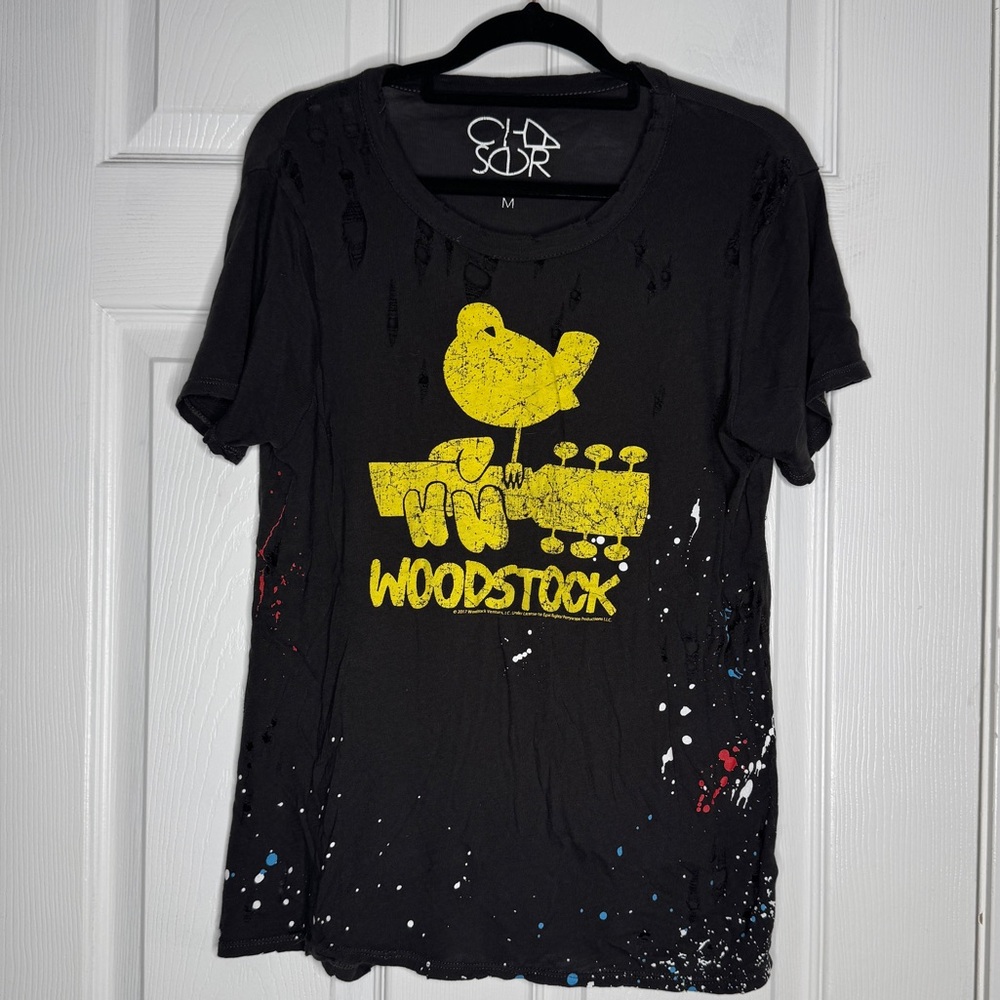 CHASER Black Woodstock Distressed Paint‎ Splatter Band Tee Size Medium Hippie